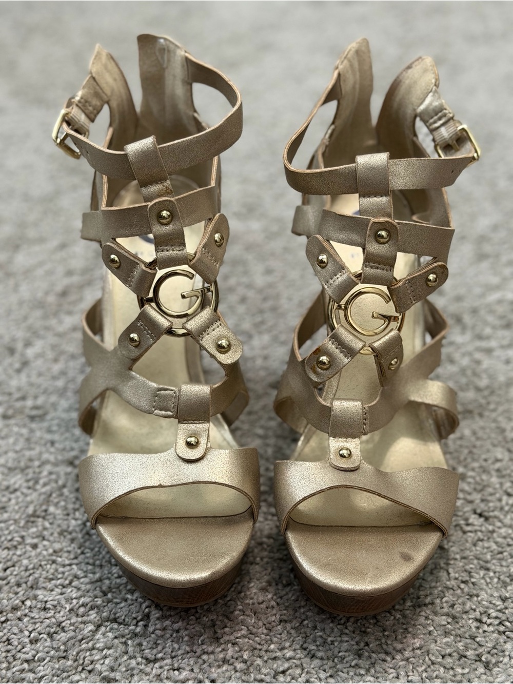 Guess Gold Strappy Platform Heels with G Accent